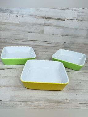 Lot Of 3 Vintage Valentina Yellow Green Scalloped Edge Stoneware Baking Dish